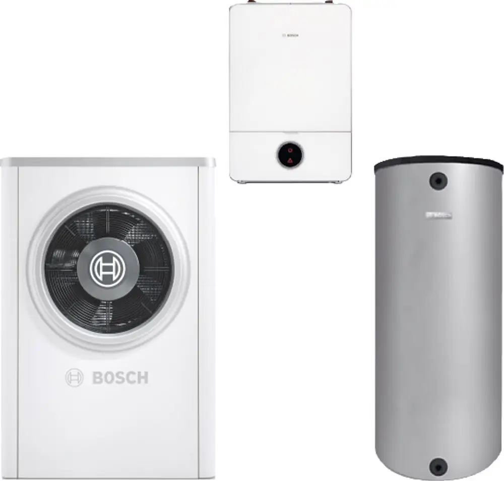 Weißes Bosch-Gerät mit einem großen Ventilator auf der linken Seite, einem kompakten Heizgerät oben und einem zylindrischen silbernen Wasserbehälter rechts.
